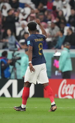 QAT, World Cup FIFA 2022, Quarterfinal, England vs France 10 12 2022, Al Bayt Stadium, Doha, QAT, World Cup FIFA 2022, Quarterfinal, England vs France, pictured France s midfielder Aurelien Tchouameni is happy about the goal to 0 1 nordphotoxGmbHx xBratic nph00250