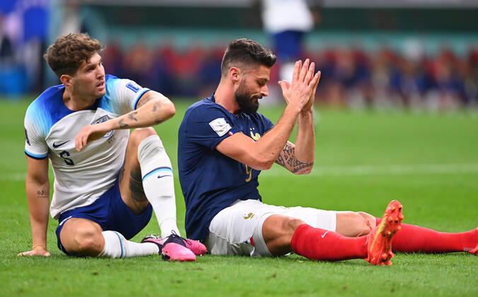 FOOTBALL World Cup 2022 Quarterfinal England France 10 12 2022 General perplexity for John Stones li and Olivier Giroud r, both France