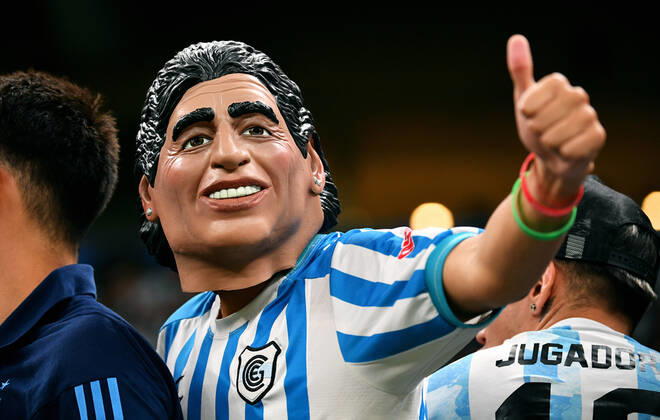 Football World Cup , Men, Qatar 2022, 1 semifinal, Lusail Iconic Stadium, Argentina Croatia fans Argentina fan, fans, fan culture, enthusiasm FIFA REGULATES PROHIBIT ANY USE OF PHOTOGRAPHS AS IMAGE SEQUENCES AND OR QUASI VIDEO
