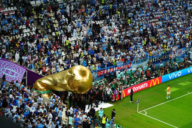 Mandatory Credit: Photo by Javier Garcia Shutterstock (13661834v) A flacid World Cup is inflated as its brought into the Stadium Argentina v Croatia, FIFA World Cup, WM, Weltmeisterschaft, Fussball 2022, Semi Final, Football, Lusail Stadium, Al Daayen, Qatar - 13 Dec 2022 Editorial Use Only Argentina v Croatia, FIFA World Cup 2022, Semi Final, Football, Lusail Stadium, Al Daayen, Qatar - 13 Dec 2022 Editorial Use Only  Copyright: xJavierxGarcia Shutterstockx 13661834v