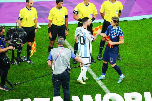 Mandatory Credit: Photo by Javier Garcia Shutterstock (13661834aa) Captains Lionel Messi of Argentina and Luka Modric of Croatia shake hands before the game Argentina v Croatia, FIFA World Cup, WM, Weltmeisterschaft, Fussball 2022, Semi Final, Football, Lusail Stadium, Al Daayen, Qatar - 13 Dec 2022 Editorial Use Only Argentina v Croatia, FIFA World Cup 2022, Semi Final, Football, Lusail Stadium, Al Daayen, Qatar - 13 Dec 2022 Editorial Use Only  Copyright: xJavierxGarcia Shutterstockx 13661834aa