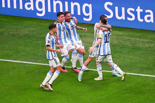 FOOTBALL World Cup 2022 Semifinal Argentina Croatia 13 12 2022 Lionel Messi right cheers after his goal to 1 0 with his teammates Nahuel Molina left , Enzo Fernandez 24 , Alexis Mac Allister 20 and Rodrigo de Paul all Argentina