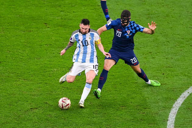 FOOTBALL World Cup 2022 Semifinal Argentina Croatia 13 12 2022 Lionel Messi Argentina left against Josko Gvardiol Croatia