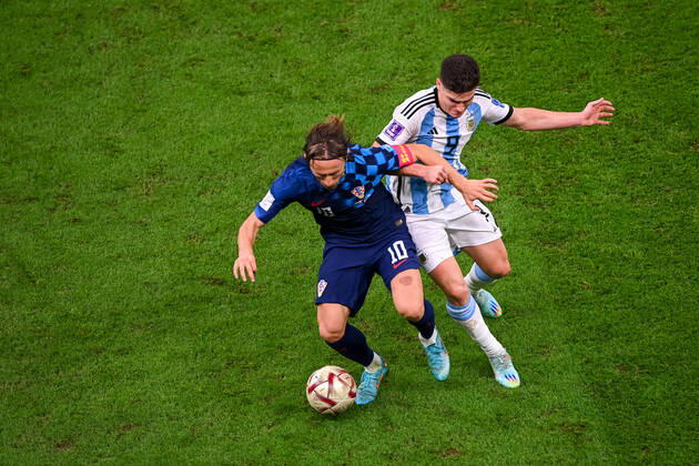 FOOTBALL World Cup 2022 semifinal Argentina Croatia 13 12 2022 Luka Modric Croatia left against Julian Ãlvarez Argentina