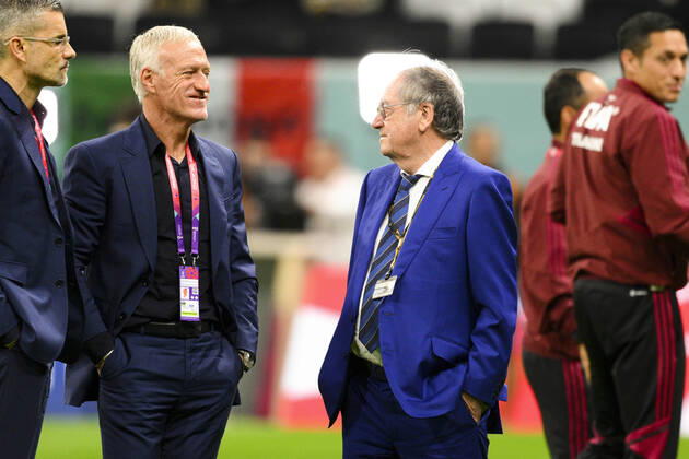 Didier Deschamps entraineur Selectionneur et Noel Le Graet - president FFF FOOTBALL : France vs Maroc - 1 2 finale - coupe du Monde Qatar 2022 - 14 12 2022 JBAutissier Panoramic