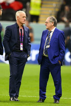 Didier Deschamps entraineur Selectionneur et Noel Le Graet - president FFF FOOTBALL : France vs Maroc - 1 2 finale - coupe du Monde Qatar 2022 - 14 12 2022 JBAutissier Panoramic