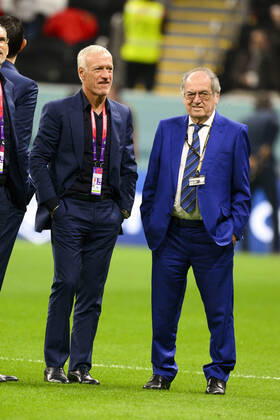 Didier Deschamps entraineur Selectionneur et Noel Le Graet - president FFF FOOTBALL : France vs Maroc - 1 2 finale - coupe du Monde Qatar 2022 - 14 12 2022 JBAutissier Panoramic