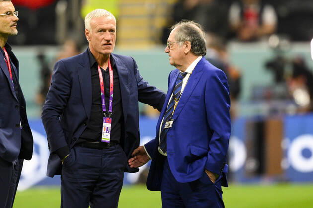 Didier Deschamps entraineur Selectionneur et Noel Le Graet - president FFF FOOTBALL : France vs Maroc - 1 2 finale - coupe du Monde Qatar 2022 - 14 12 2022 JBAutissier Panoramic