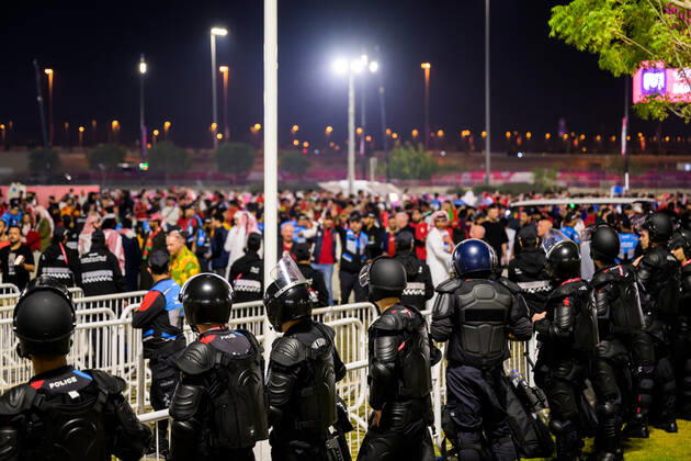 221214 police with riot gear outside of the stadium ahead of the FIFA World Cup 2022 semifinal between France and Morocco on December 14, 2022 in Doha Photo Joel Marklund BILDBYRAN code JM JM0412 bbeng football football soccer fotball world cup football world cup football world cup football world cup 2022 fifa world cup 2022 semi final semi final france france morocco morocco security police,  Copyright: JOELxMARKLUND BB221214JM001