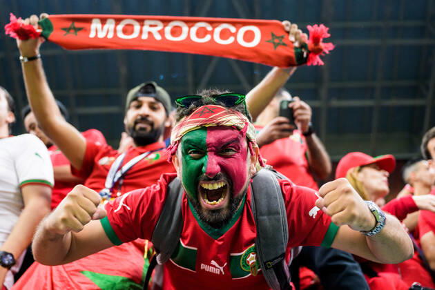 221214 A fan of Morocco ahead of the FIFA World Cup 2022 semifinal between France and Morocco on December 14, 2022 in Doha Photo Joel Marklund BILDBYRAN code JM JM0412 bbeng football football soccer fotball world cup football world cup football world cup 2022 fifa world cup 2022 semifinal semi final france france morocco morocco crowd jubilation fans,  Copyright: JOELxMARKLUND BB221214JM012