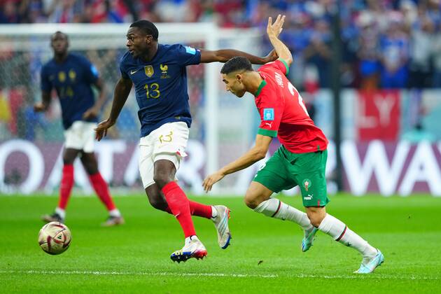 Mandatory Credit: Photo by Javier Garcia Shutterstock (13661842m) Achraf Hakimi of Morocco tackles Youssouf Fofana of France France v Morocco, FIFA World Cup, WM, Weltmeisterschaft, Fussball 2022, Semi Final, Football, Al Bayt Stadium, Al Khor, Qatar - 14 Dec 2022 Editorial Use Only France v Morocco, FIFA World Cup 2022, Semi Final, Football, Al Bayt Stadium, Al Khor, Qatar - 14 Dec 2022 Editorial Use Only Copyright: xJavierxGarcia Shutterstockx 13661842m
