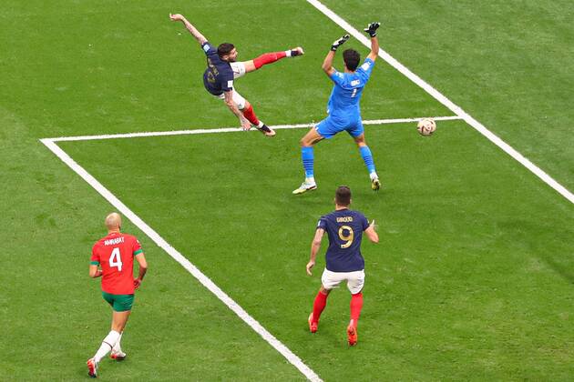 Mandatory Credit: Photo by Kieran McManus Shutterstock (13661836i) Theo Hernandez of France scores the 1st goal France v Morocco, FIFA World Cup, WM, Weltmeisterschaft, Fussball 2022, Semi Final, Football, Al Bayt Stadium, Al Khor, Qatar - 14 Dec 2022 Editorial Use Only France v Morocco, FIFA World Cup 2022, Semi Final, Football, Al Bayt Stadium, Al Khor, Qatar - 14 Dec 2022 Editorial Use Only Copyright: xKieranxMcManus Shutterstockx 13661836i