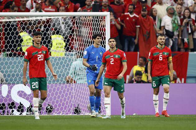AL KHOR lr Achraf Dari of Morocco, Morocco goalkeeper Yassine Bounou, Achraf Hakimi of Morocco, Romain Saiss of Morocco disappointed after the 1 0 during the FIFA World Cup Qatar 2022 Semifinal match between France and Morocco at Al Bayt Stadium on December 14, 2022 in Al Khor, Qatar AP Dutch Height MAURICE OF STONE FIFA World Cup Qatar 2022 2022 xVIxANPxSportx xMauricexvanxSteenxWKxIVx 459421231 originalFilename: 459421231.jpg