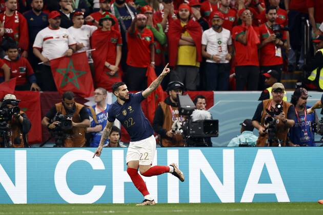 AL KHOR Theo Hernandez of France celebrates the 1 0 during the FIFA World Cup Qatar 2022 Semifinal match between France and Morocco at Al Bayt Stadium on December 14, 2022 in Al Khor, Qatar AP Dutch Height MAURICE OF STONE FIFA World Cup Qatar 2022 2022 xVIxANPxSportx xMauricexvanxSteenxWKxIVx 459421274 originalFilename: 459421274.jpg
