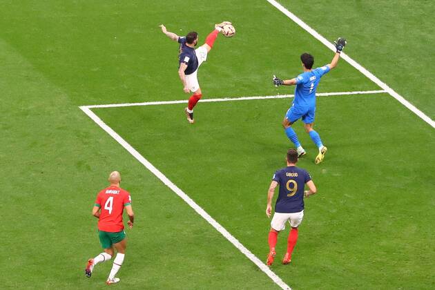 Mandatory Credit: Photo by Kieran McManus Shutterstock (13661836m) Theo Hernandez of France scores the 1st goal France v Morocco, FIFA World Cup, WM, Weltmeisterschaft, Fussball 2022, Semi Final, Football, Al Bayt Stadium, Al Khor, Qatar - 14 Dec 2022 Editorial Use Only France v Morocco, FIFA World Cup 2022, Semi Final, Football, Al Bayt Stadium, Al Khor, Qatar - 14 Dec 2022 Editorial Use Only Copyright: xKieranxMcManus Shutterstockx 13661836m
