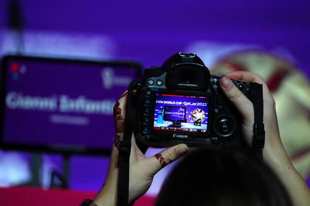 Mandatory Credit: Photo by Javier Garcia Shutterstock (13670212c) A photographer takes pictures of the name place of FIFA President Gianni Infantino and the Al Hilm match ball which will be used for Sundays FIFA World Cup, WM, Weltmeisterschaft, Fussball final between Argentina and France FIFA press conference, PK, Pressekonferenz FIFA World Cup 2022, Football, Qatar National Convention Centre, Doha, Qatar - 16 Dec 2022 Editorial Use Only FIFA Press Conference, FIFA World Cup 2022, Football, Qatar National Convention Centre, Doha, Qatar - 16 Dec 2022 Editorial Use Only Copyright: xJavierxGarcia Shutterstockx 13670212c