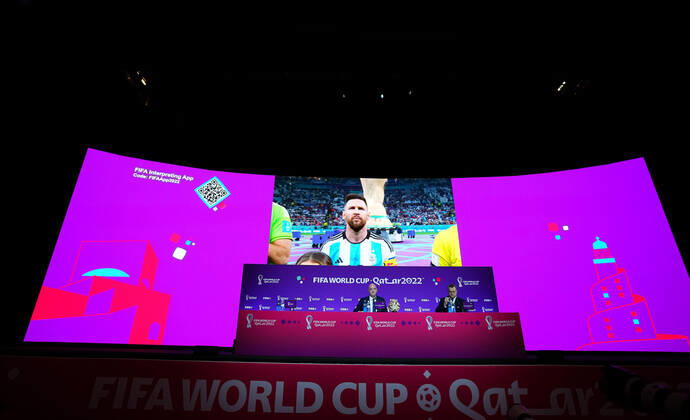 Mandatory Credit: Photo by Javier Garcia Shutterstock (13670212d) An image of Argentina captain Lionel Messi is shown as FIFA President Gianni Infantino speaks during the press conference, PK, Pressekonferenz FIFA Press Conference, FIFA World Cup, WM, Weltmeisterschaft, Fussball 2022, Football, Qatar National Convention Centre, Doha, Qatar - 16 Dec 2022 Editorial Use Only FIFA Press Conference, FIFA World Cup 2022, Football, Qatar National Convention Centre, Doha, Qatar - 16 Dec 2022 Editorial Use Only Copyright: xJavierxGarcia Shutterstockx 13670212d
