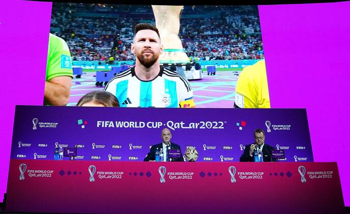 Mandatory Credit: Photo by Javier Garcia Shutterstock (13670212e) An image of Argentina captain Lionel Messi is shown as FIFA President Gianni Infantino speaks during the press conference, PK, Pressekonferenz FIFA Press Conference, FIFA World Cup, WM, Weltmeisterschaft, Fussball 2022, Football, Qatar National Convention Centre, Doha, Qatar - 16 Dec 2022 Editorial Use Only FIFA Press Conference, FIFA World Cup 2022, Football, Qatar National Convention Centre, Doha, Qatar - 16 Dec 2022 Editorial Use Only Copyright: xJavierxGarcia Shutterstockx 13670212e