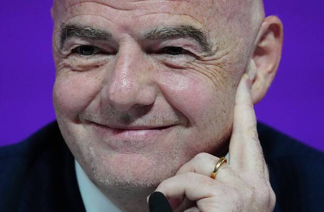 Mandatory Credit: Photo by Javier Garcia Shutterstock (13670212ad) FIFA President Gianni Infantino reacts during the press conference, PK, Pressekonferenz FIFA Press Conference, FIFA World Cup, WM, Weltmeisterschaft, Fussball 2022, Football, Qatar National Convention Centre, Doha, Qatar - 16 Dec 2022 Editorial Use Only FIFA Press Conference, FIFA World Cup 2022, Football, Qatar National Convention Centre, Doha, Qatar - 16 Dec 2022 Editorial Use Only Copyright: xJavierxGarcia Shutterstockx 13670212ad