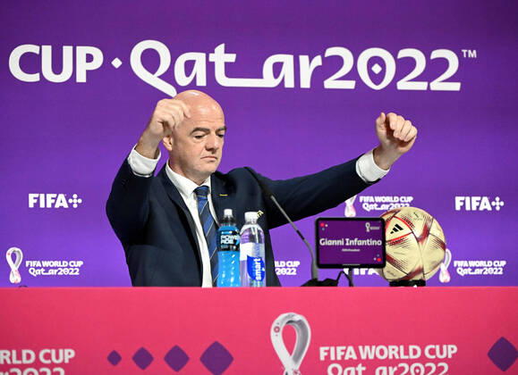 Football, men, 2022 23 season, Qatar World Cup, Doha, press conference at the media center at Qatar National Convention Centre QNCC , FIFA President Gianni Infantino, 16 12 2022, Copyright: xMatthiasxKochx