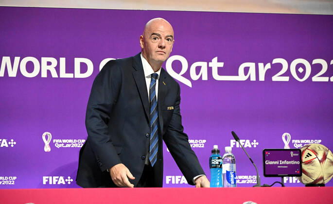 Football, men, 2022 23 season, Qatar World Cup, Doha, press conference at the media center at Qatar National Convention Centre QNCC , FIFA President Gianni Infantino, 16 12 2022, Copyright: xMatthiasxKochx