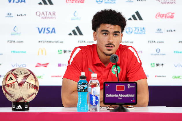 QATAR 2022 - Morocco press conference, PK, Pressekonferenz Player Zakaria Aboukhlal during Media conference of the Moroccan national football team on the eve of the match for third place between Croatia and Morocco at the World Cup in Qatar, at Qatar National Convention Centre, QNCC, Doha, Qatar, on December 16, 2022, GoranxStanzl PIXSELL