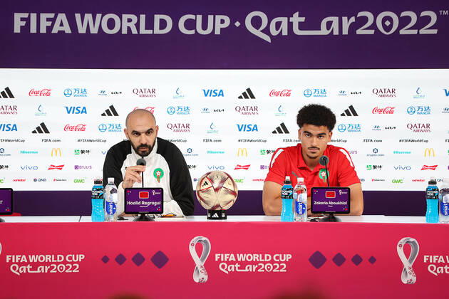 QATAR 2022 - Morocco press conference, PK, Pressekonferenz Head coach of the Morocco national team, Nationalteam Walid Regragui and player Zakaria Aboukhlal during Media conference of the Moroccan national football team on the eve of the match for third place between Croatia and Morocco at the World Cup in Qatar, at Qatar National Convention Centre, QNCC, Doha, Qatar, on December 16, 2022, GoranxStanzl PIXSELL