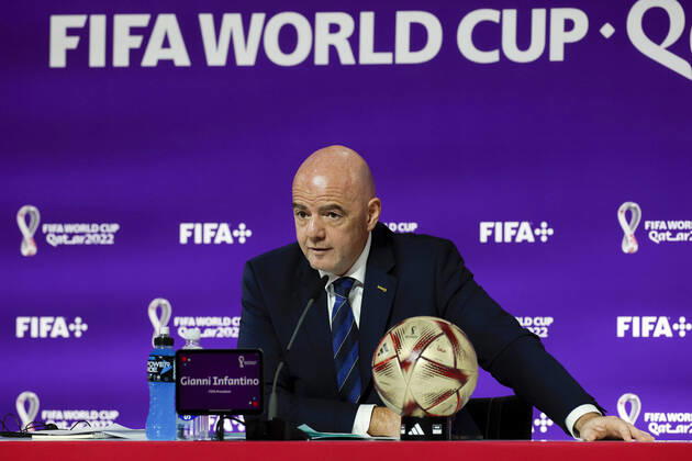 FIFA s President, Swiss Gianni Infantino, addresses a press conference, PK, Pressekonferenz in Doha, Qatar, 16 December 2022. Infantino said that FIFA s World Cup Qatar 2022 has been a great success . The final between Argentina and France is to be played on 18 December, and the match for the third and fourth place between Croatia and Morocco, on 17 December. Gianni Infantino s press conference !ACHTUNG: NUR REDAKTIONELLE NUTZUNG! Copyright: xAlbertoxEstevezx EVE2294 20221216-c8494d69cb3dc7833d8391348c01a7dfcb0c09b1