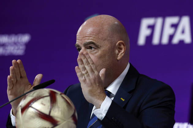 FIFA s President, Swiss Gianni Infantino, addresses a press conference, PK, Pressekonferenz in Doha, Qatar, 16 December 2022. Infantino said that FIFA s World Cup Qatar 2022 has been a great success . The final between Argentina and France is to be played on 18 December, and the match for the third and fourth place between Croatia and Morocco, on 17 December. Gianni Infantino s press conference !ACHTUNG: NUR REDAKTIONELLE NUTZUNG! Copyright: xAlbertoxEstevezx EVE2296 20221216-a74e7e0bad491c65f3896ecdd391dcfcea3f2720