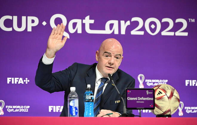 Football, men, 2022 23 season, Qatar World Cup, Doha, press conference at the media center at Qatar National Convention Centre QNCC , FIFA President Gianni Infantino, 16 12 2022, Copyright: xMatthiasxKochx