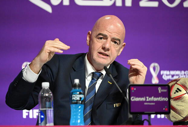 Football, men, 2022 23 season, Qatar World Cup, Doha, press conference at the media center at Qatar National Convention Centre QNCC , FIFA President Gianni Infantino, 16 12 2022, Copyright: xMatthiasxKochx