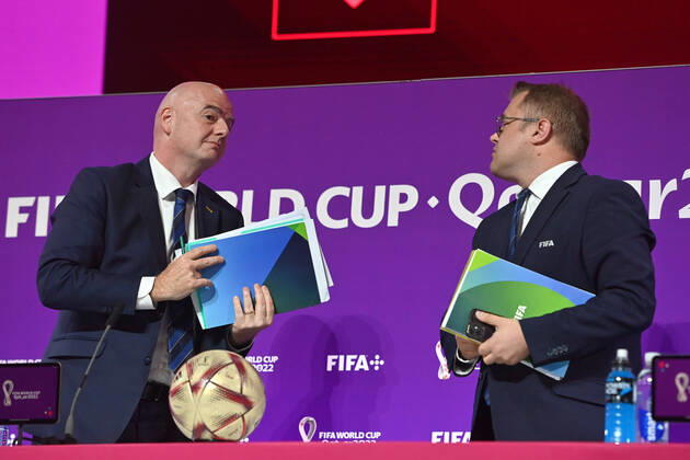 from left FIFA President Gianni INFANTINO with Bryan SWANSON Director of Media Relations FIFA Press Conference on 16 22 2022 Closing Ceremony, Football World Cup 20122 in Qatar from 20 11 18 12 2022
