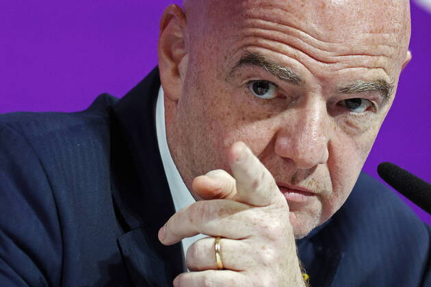 QATAR, DOHA - DECEMBER 16, 2022: FIFA President Gianni Infantino gives a final press conference, PK, Pressekonferenz on the finishing 2022 FIFA World Cup, WM, Weltmeisterschaft, Fussball at the main media center. The 2022 FIFA World Cup takes place in Qatar from November 20 to December 18, 2022. Sergei Bobylev TASS  56445511