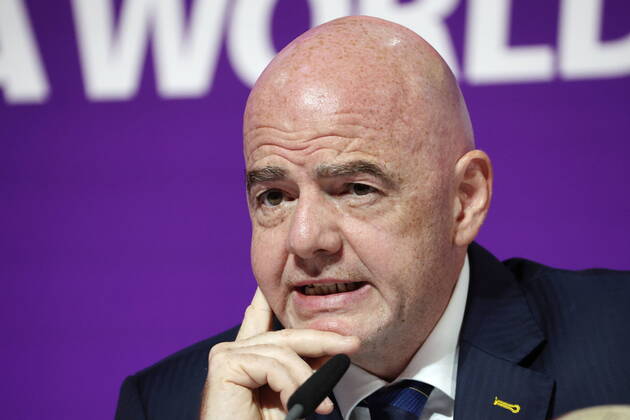 QATAR, DOHA - DECEMBER 16, 2022: FIFA President Gianni Infantino gives a final press conference, PK, Pressekonferenz on the finishing 2022 FIFA World Cup, WM, Weltmeisterschaft, Fussball at the main media center. The 2022 FIFA World Cup takes place in Qatar from November 20 to December 18, 2022. Sergei Bobylev TASS  56445853