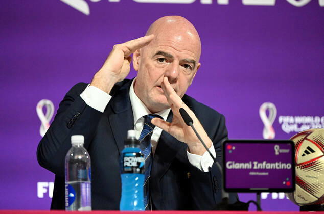 Football, men, 2022 23 season, Qatar World Cup, Doha, press conference at the media center at Qatar National Convention Centre QNCC , FIFA President Gianni Infantino, 16 12 2022, Copyright: xMatthiasxKochx
