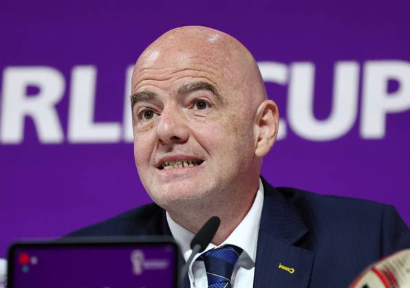Doha, Qatar, December 16th. FIFA President Gianni Infantino speaks to media during the press conference, PK, Pressekonferenz ahead of the Final matches of FIFA World Cup, WM, Weltmeisterschaft, Fussball Qatar 2022 at the Main Media Center. Picture date: 16th December 2022. Picture credit should read: David Klein Sportimage EDITORIAL USE ONLY. No use with unauthorised audio, video, data, fixture lists, club league logos or live services. Online in-match use limited to 120 images, no video emulation. No use in betting, games or single club league player publications. SPI-2102-0031