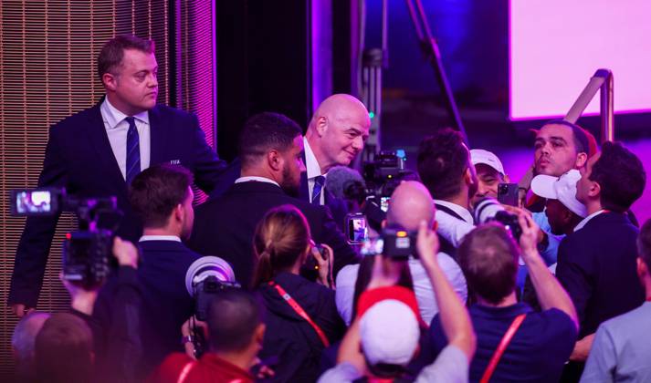Doha, Qatar, December 16th. FIFA President Gianni Infantino speaks to media during the press conference, PK, Pressekonferenz ahead of the Final matches of FIFA World Cup, WM, Weltmeisterschaft, Fussball Qatar 2022 at the Main Media Center. Picture date: 16th December 2022. Picture credit should read: David Klein Sportimage EDITORIAL USE ONLY. No use with unauthorised audio, video, data, fixture lists, club league logos or live services. Online in-match use limited to 120 images, no video emulation. No use in betting, games or single club league player publications. SPI-2102-0042