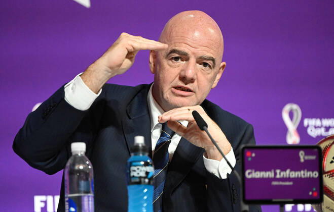 Football, men, 2022 23 season, Qatar World Cup, Doha, press conference at the media center at Qatar National Convention Centre QNCC , FIFA President Gianni Infantino, 16 12 2022, Copyright: xMatthiasxKochx