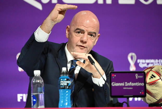 Football, men, 2022 23 season, Qatar World Cup, Doha, press conference at the media center at Qatar National Convention Centre QNCC , FIFA President Gianni Infantino, 16 12 2022, Copyright: xMatthiasxKochx