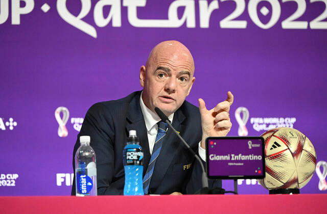 Football, men, 2022 23 season, Qatar World Cup, Doha, press conference at the media center at Qatar National Convention Centre QNCC , FIFA President Gianni Infantino, 16 12 2022, Copyright: xMatthiasxKochx
