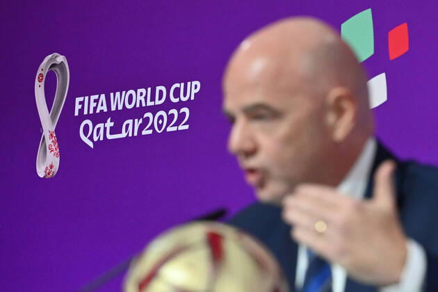 FIFA President Gianni INFANTINO, out of focus in front of logo, single image,cropped single subject,portrait,portrait FIFA Press Conference on 16 22 2022 Closing Press Conference Football World Cup 20122 in Qatar from 20 11 18 12 2022