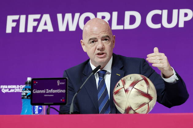 QATAR, DOHA - DECEMBER 16, 2022: FIFA President Gianni Infantino gives a final press conference, PK, Pressekonferenz on the finishing 2022 FIFA World Cup, WM, Weltmeisterschaft, Fussball at the main media center. The 2022 FIFA World Cup takes place in Qatar from November 20 to December 18, 2022. Sergei Bobylev TASS  56446680