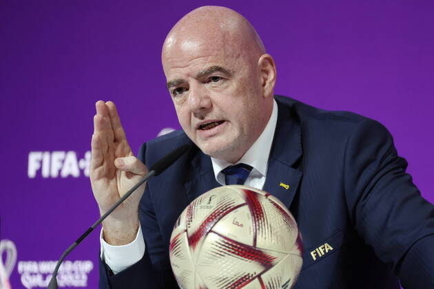 QATAR, DOHA - DECEMBER 16, 2022: FIFA President Gianni Infantino gives a final press conference, PK, Pressekonferenz on the finishing 2022 FIFA World Cup, WM, Weltmeisterschaft, Fussball at the main media center. The 2022 FIFA World Cup takes place in Qatar from November 20 to December 18, 2022. Sergei Bobylev TASS  56446754