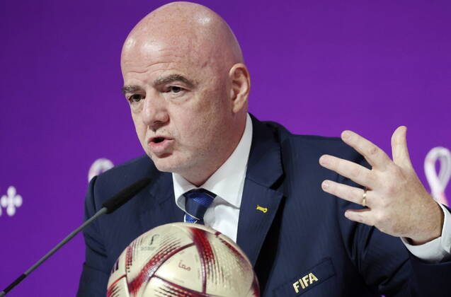 QATAR, DOHA - DECEMBER 16, 2022: FIFA President Gianni Infantino gives a final press conference, PK, Pressekonferenz on the finishing 2022 FIFA World Cup, WM, Weltmeisterschaft, Fussball at the main media center. The 2022 FIFA World Cup takes place in Qatar from November 20 to December 18, 2022. Sergei Bobylev TASS  56446765