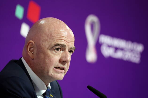 QATAR, DOHA - DECEMBER 16, 2022: FIFA President Gianni Infantino gives a final press conference, PK, Pressekonferenz on the finishing 2022 FIFA World Cup, WM, Weltmeisterschaft, Fussball at the main media center. The 2022 FIFA World Cup takes place in Qatar from November 20 to December 18, 2022. Sergei Bobylev TASS  56446770