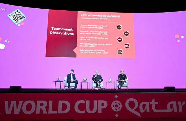 Football, men, 2022 23 season, Qatar World Cup, Doha, FIFA Technical Study Group press conference in the media center at Qatar National Convention Centre QNCC , pictured Arsene Wenger M , FIFAs Chief of Global Football Development , Jürgen Klinsmann r , FIFA Technical Study Group , 17 12 2022, Copyright: xMatthiasxKochx
