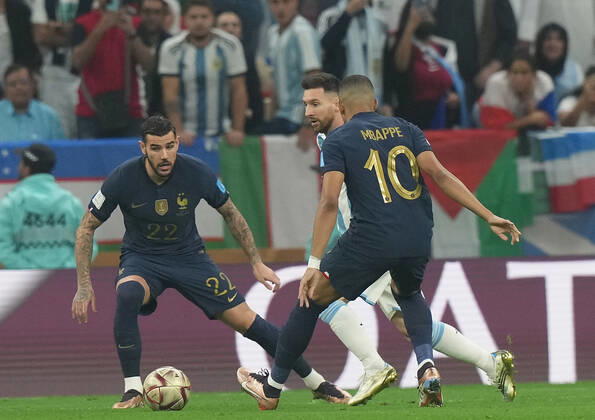 18 12 2022, Lusail Iconic Stadium, Doha, QAT, World Cup FIFA 2022, Final, Argentina vs France, in picture France s defender Theo Hernandez , Argentina s forward Lionel Messi , France s forward Kylian Mbappe Doha Lusail Iconic Stadium Qatar  eu-images-506