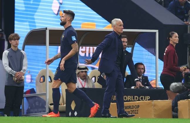 Doha, Qatar, 18th December 2022. Didier Deschamps coach of France (r) substitutes Olivier Giroud of France during the FIFA World Cup, WM, Weltmeisterschaft, Fussball 2022 match at Lusail Stadium, Doha. Picture credit should read: David Klein Sportimage EDITORIAL USE ONLY. No use with unauthorised audio, video, data, fixture lists, club league logos or live services. Online in-match use limited to 120 images, no video emulation. No use in betting, games or single club league player publications. SPI-2101-0096