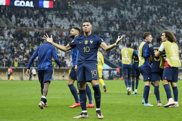 Argentina v France: Final - FIFA World Cup, WM, Weltmeisterschaft, Fussball Qatar 2022 Kylian Mbappe centre-forward of France and Paris Saint-Germain celebrates after scoring his team s third goal during The FIFA World Cup Qatar 2022 Final match between Argentina and France at Lusail Stadium on December 18, 2022 in Lusail City, Qatar. Lusail City Qatar  Copyright: xJosexBretonx originalFilename:breton-argentin221218_npvUa.jpg