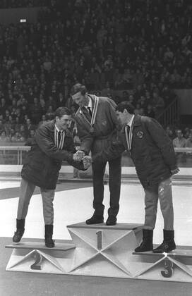 Biathlon Winter Olympics Standing on the winner s podium are from left Alexandre Tikhonov of Russia , winner of the Silver , gold medallist Magnar Solberg of Norway and bronze winner Vladimir Goundartsev of Russia . The medal ceremony was for the Olympic biathlon run . 13th February 1968 France  Copyright: xTopFotox UPI550668-A
